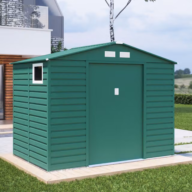 BillyOh Upton Apex Metal Shed in Green with Double Doors, Window and Side Vent