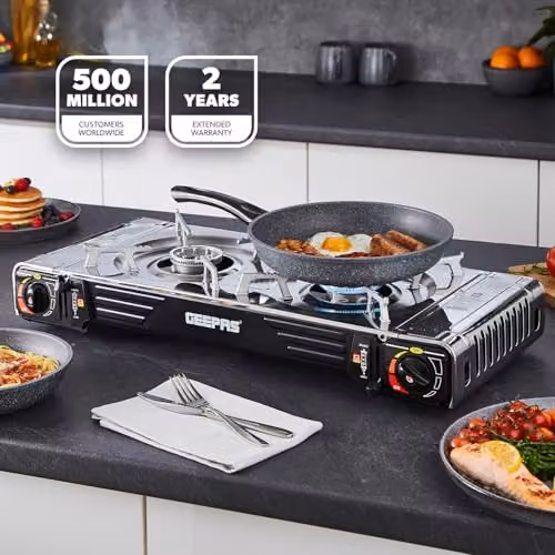 Geepas Double Burner Portable Butane Gas Stove with Carry Case, Black Stainless Steel Tabletop Cooker – 2