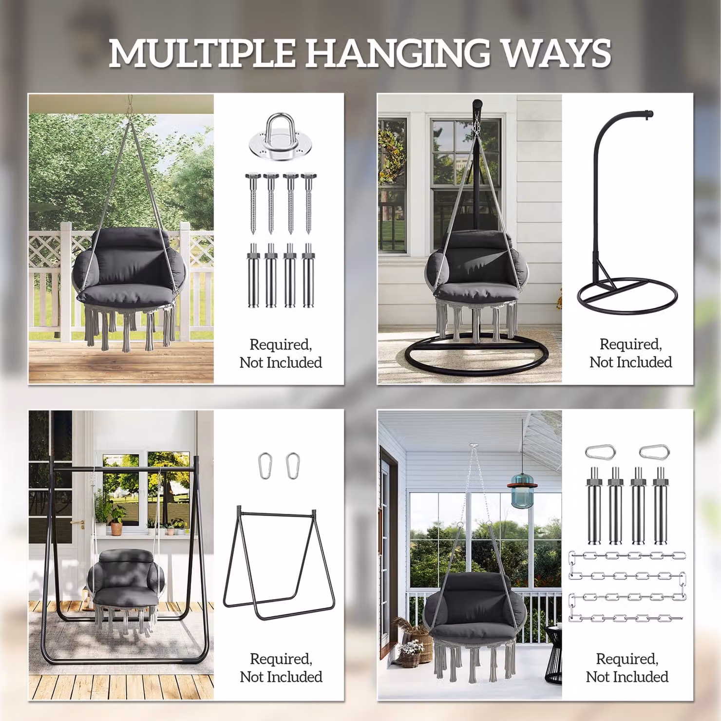 Outsunny Boho Style Hanging Egg Chair with Weatherproof Cushion and Metal Frame, Dark Grey – 6