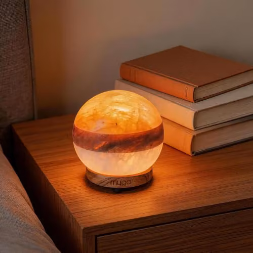 Myga Himalayan Dual Illumination Salt Lamp, Orange Sphere with Wood Base – 2