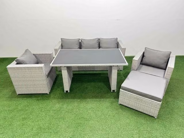 Fimous Modern Patio Garden Furniture Set with Dining Table and Big Stool in Light Grey
