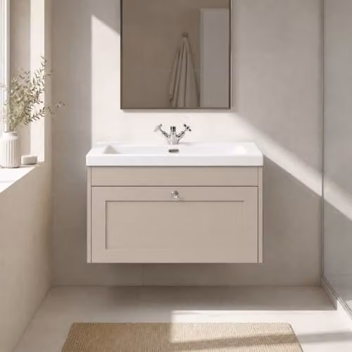 Balterley Wall Hung Single Drawer Vanity Unit with Rectangular Basin and Tap Hole in Pebble Grey, W/D/H: 80.0 x 45.3 x 43.1 cm – 2