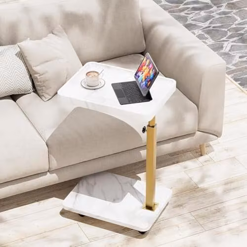 Huhote White C-Shaped Side Table with Height Adjustable Rotating Top and Castors – 1