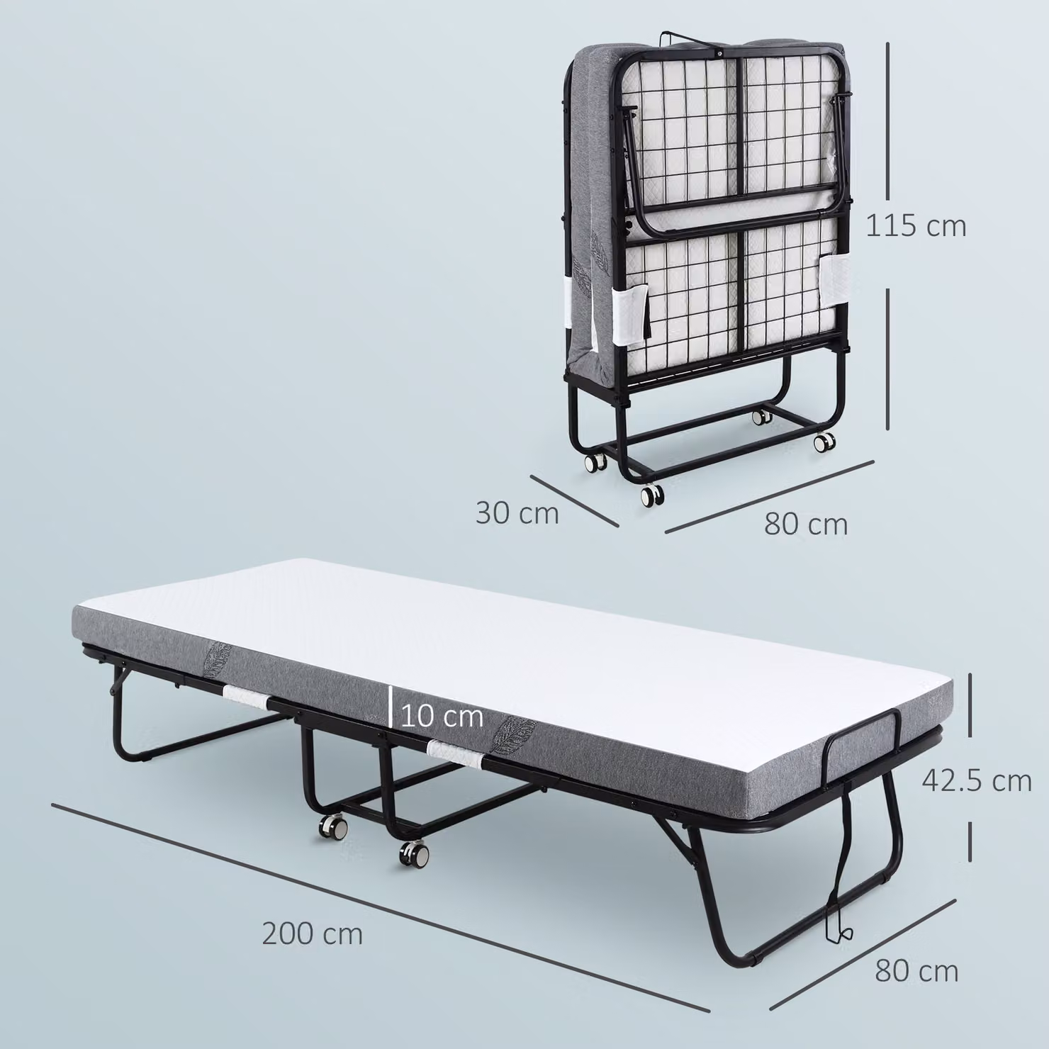HOMCOM Folding Bed with 10cm Mattress and Sturdy Metal Frame on Wheels, W/D/H: 80 x 200 cm – 3