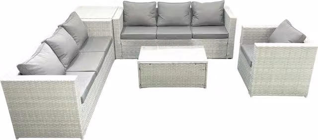 Fimous Wicker PE Rattan Garden Furniture Set in Light Grey with Armchair, Oblong Coffee Table and Side Table