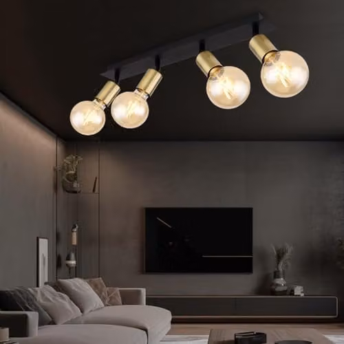 Globo Lighting Retro Metal Ceiling Spotlight in Black and Gold/Brass, 4x E27, L 50 x H 12 cm