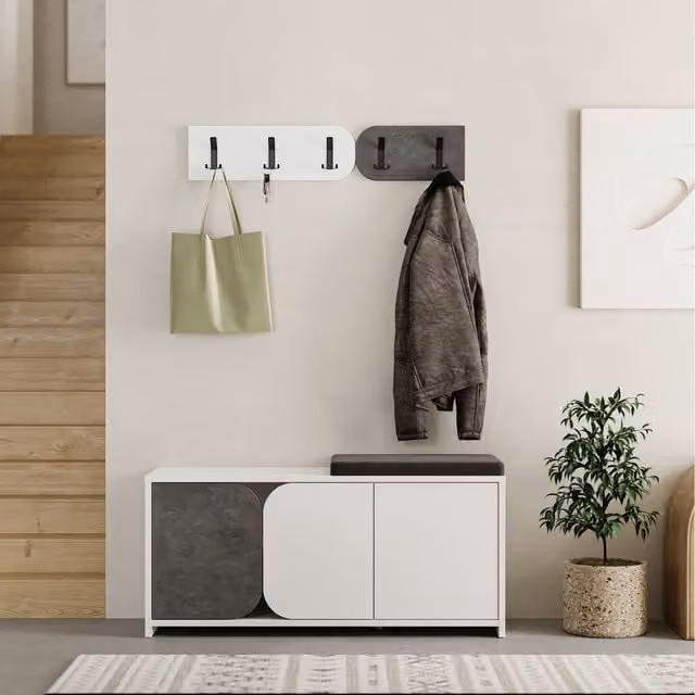 Decortie Moni Modern Shoe Cabinet Bench and Wall Mounted Hanger Set with 5 Hooks, Mid Grey, W: 104.9 cm, H: 52.0 cm, D: 37.0 cm, 2 Pack