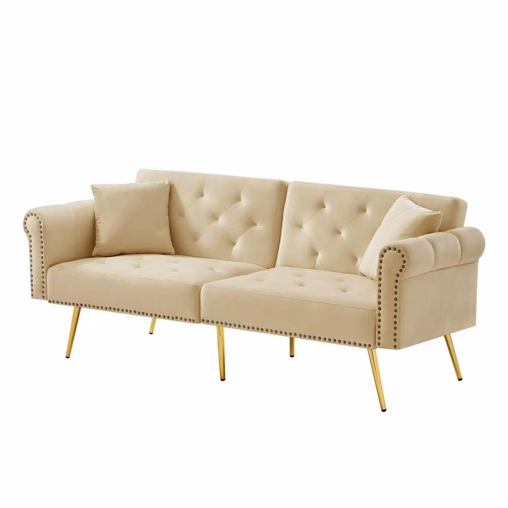 Merax Two Seater Velvet Sofa Bed in Beige and Gold with Adjustable Headrest and Click-Clack Sleeping Function, W/D/H: 177 x 74 x 71 cm – 3