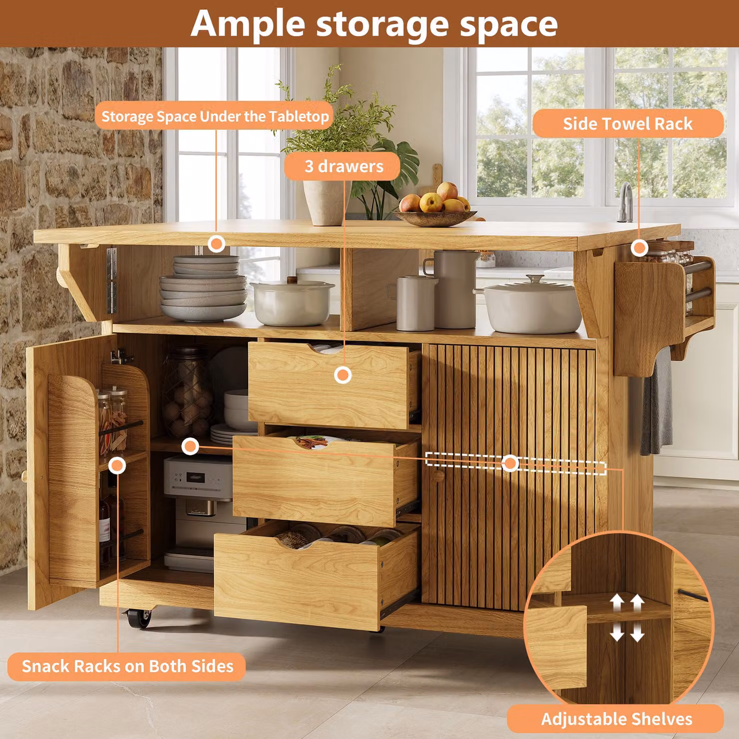Aosom UK Foldable Serving Trolley with Snack Racks and Ample Storage, Mobile Kitchen Island, W: 142.5 cm, D: 40 cm, H: 95 cm, Natural and Light Brown – 3