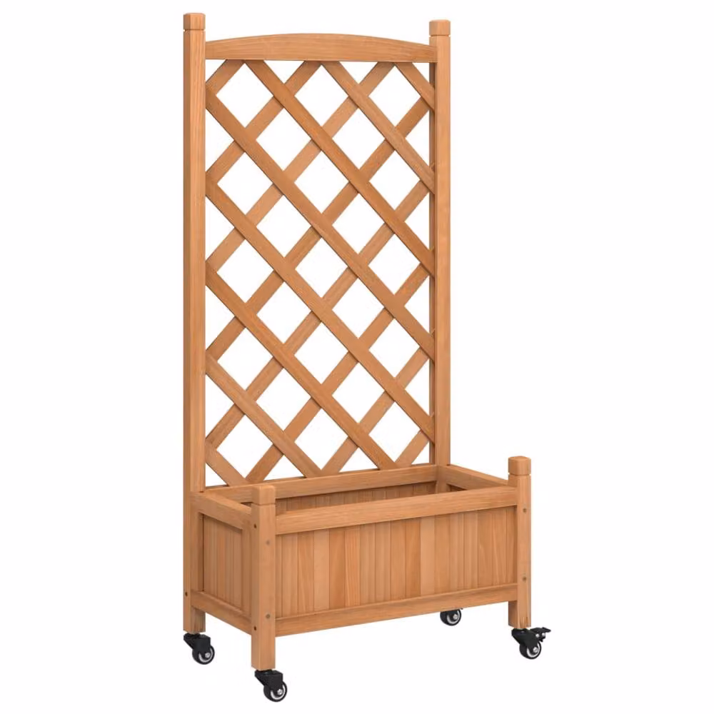 Berkfield Home Brown Solid Fir Wood Planter with Trellis and Wheels – 2
