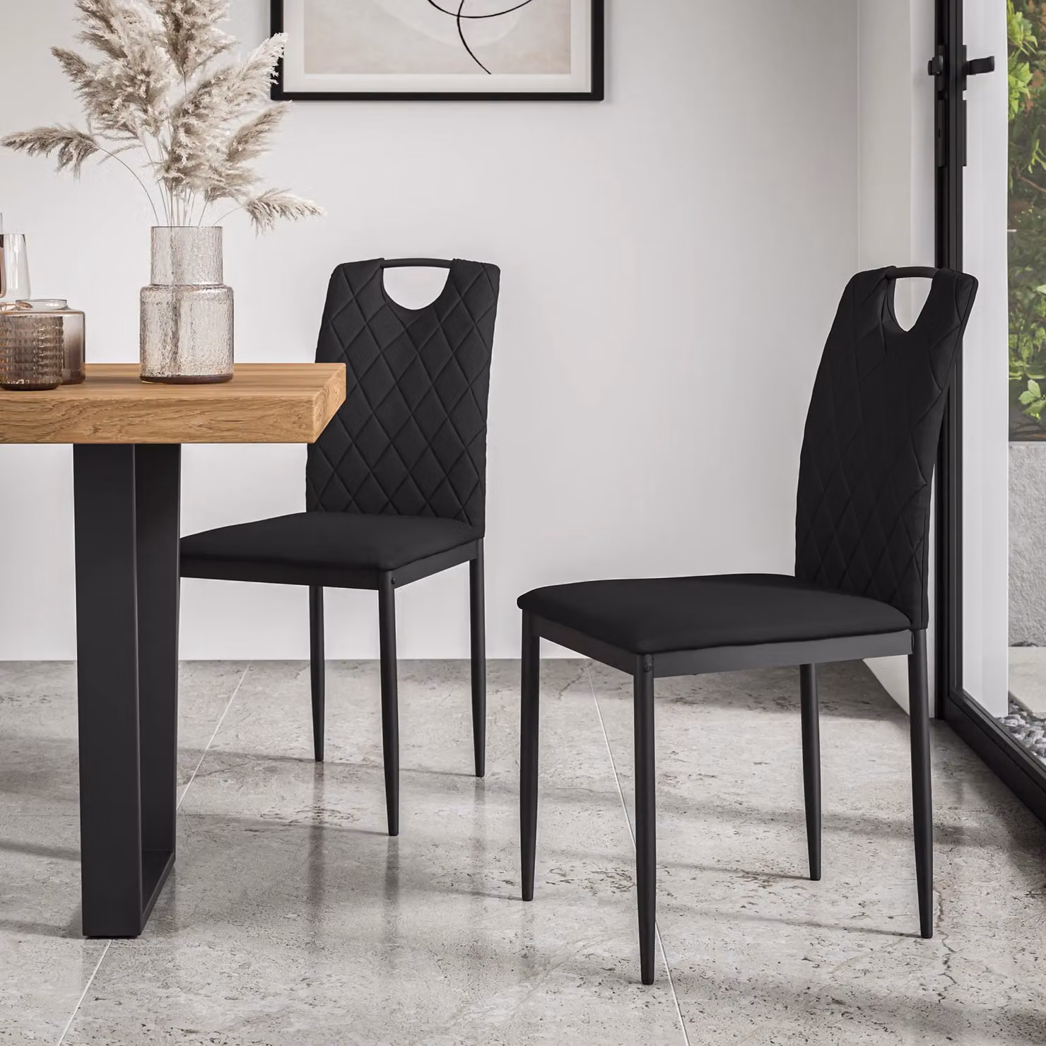 More4Homes Malvern Round Dining Table and Set of 4 Monza Faux Leather Chairs, Black Table Top with Solid Oak Black Legs, Diameter: 120 cm, Height: 75 cm – 4