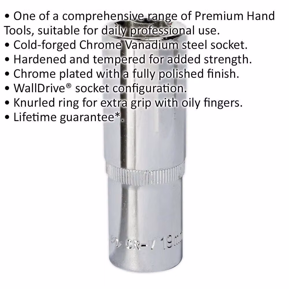 Loops 19mm Deep Drive Socket 1/2 inch Square Drive Forged Chrome Vanadium Steel in Silver – 2