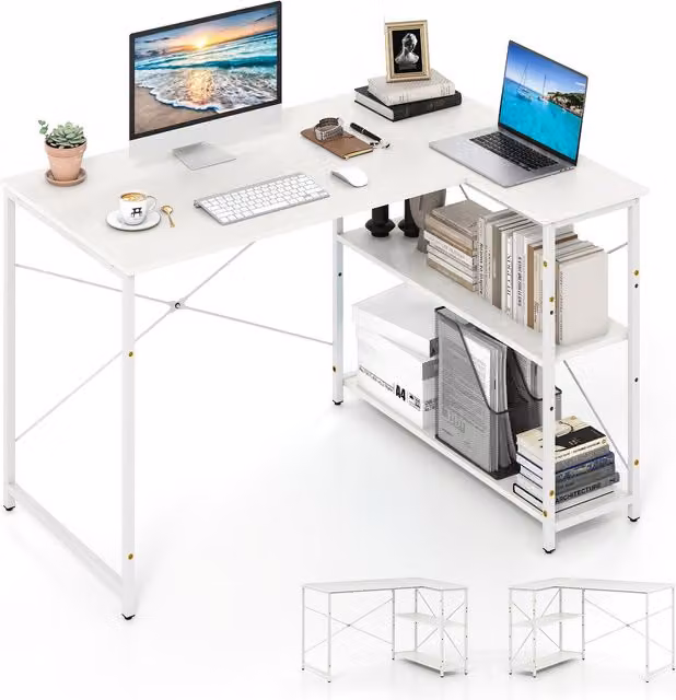 Gymax Reversible L-shaped Corner Computer Desk with Adjustable Shelf in White – 1