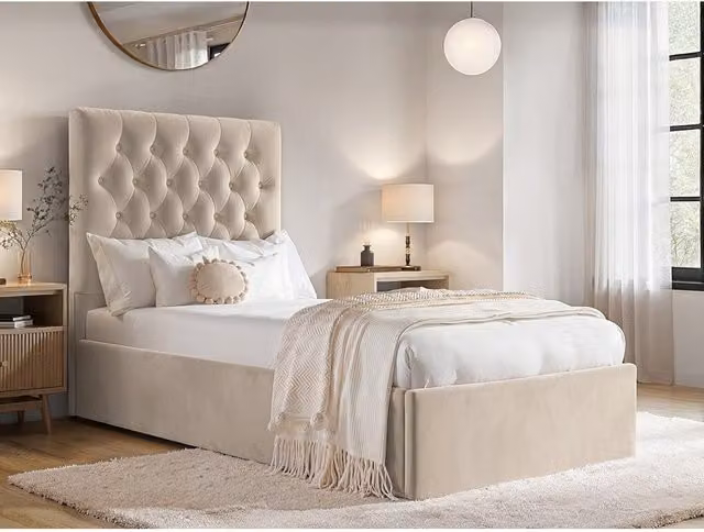 Flair Milan Single Velvet Ottoman Bed in Beige, H 101.0 x W 90 x D 206.0 cm