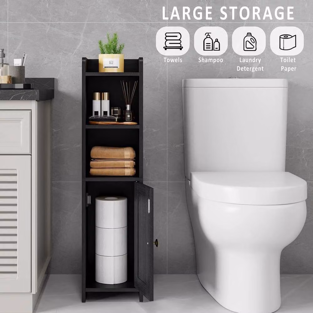 FORGEVIO Small Freestanding Bathroom Floor Cabinet in Black with Hinged Doors and Internal Shelves – 3
