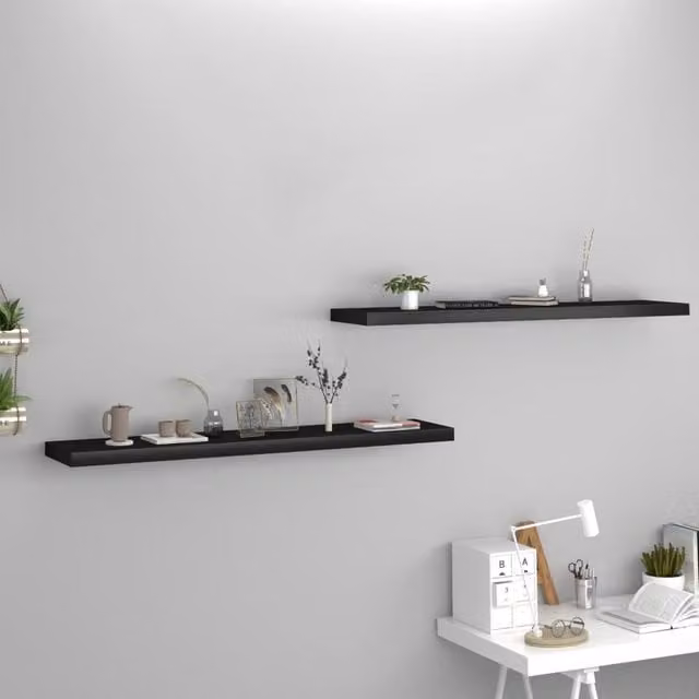 Berkfield Home Set of 2 Black Floating Wall Shelves, W/D/H: 120 x 23.5 x 3.8 cm
