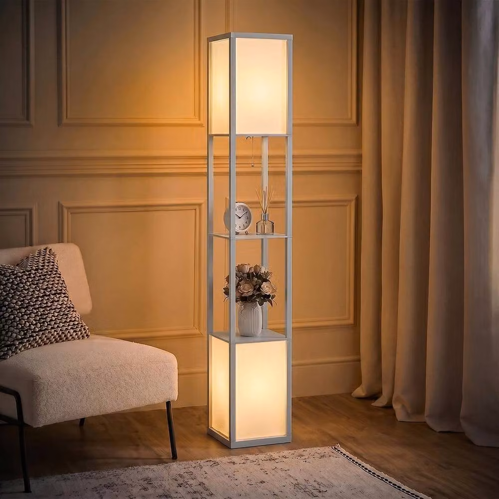 PAWNORA Modern White Metal Shelf Floor Lamp with Dual Warm White Lights, H 156 cm – 2