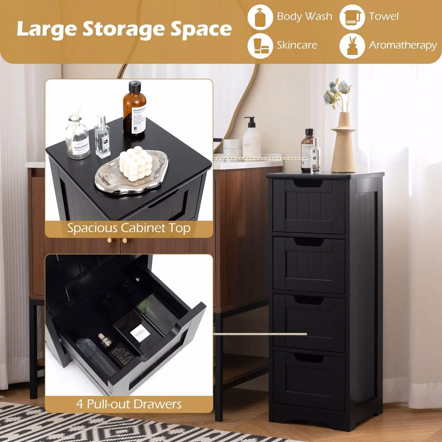 Gymax Black Freestanding Bathroom Storage Cabinet with Doors and Drawers – 5