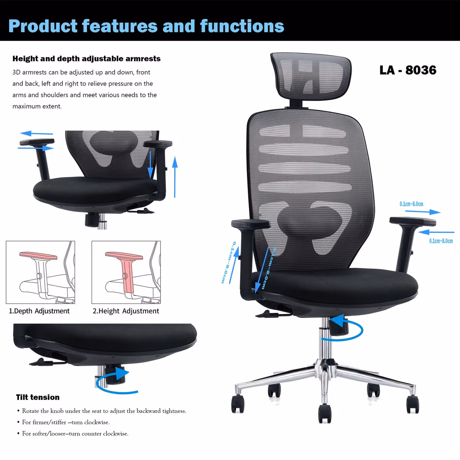 JFY Ergonomic Reclining Office Chair with Flip-Up Armrests and Headrest in Black Fabric – 4