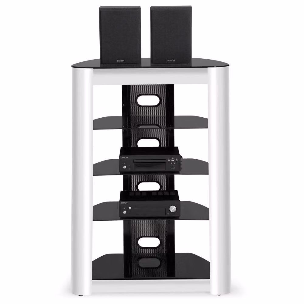 Centurion Supports ZINNIA 5-Tier Gloss Black and White Multimedia Entertainment Media Audio Rack with Glass Shelves W/D/H: 102 x 49 x 68 cm – 2