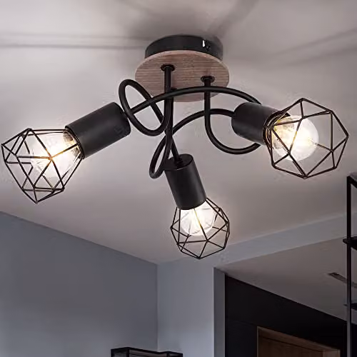 Netlighting Xara I Multi Arm Semi Flush Ceiling Lamp in Black and Brown with 3x E14 Wood and Metal Accents – 4