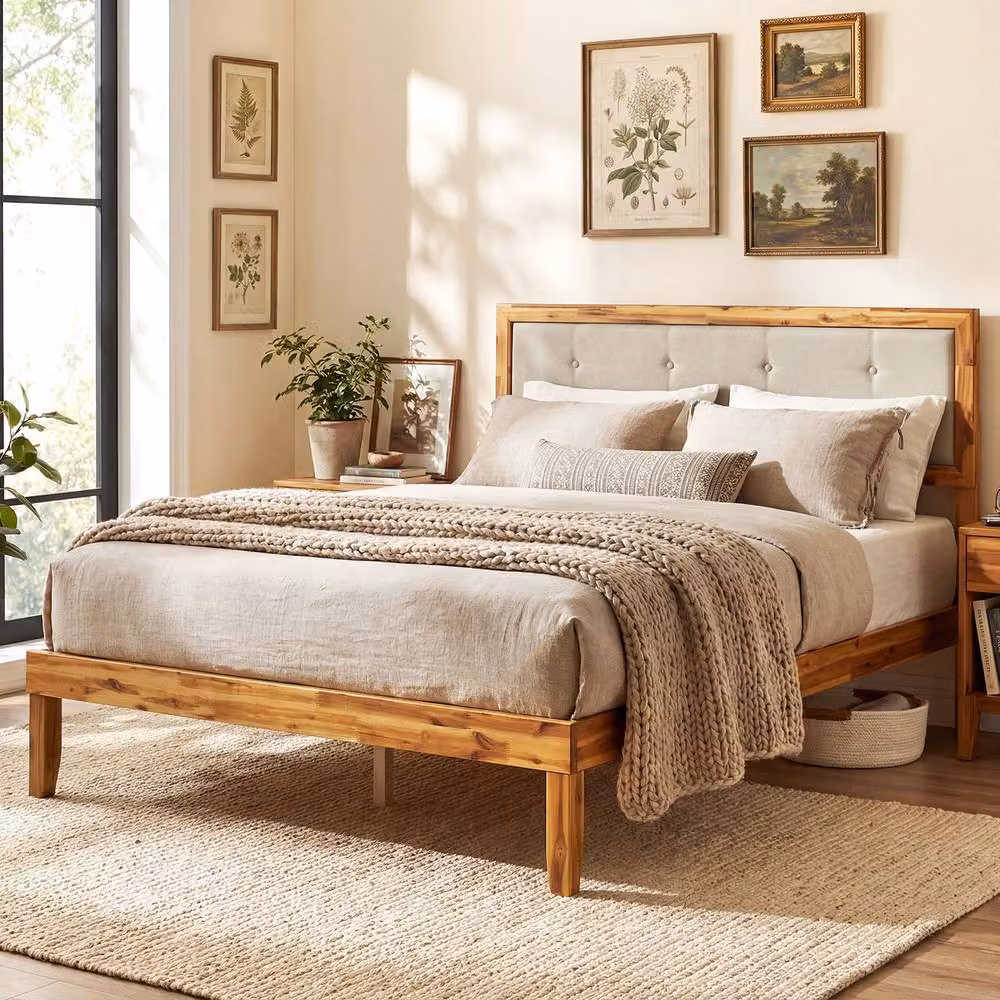 Costway Double Acacia Wood Platform Bed Frame with Tufted Fabric Headboard in Beige, W/D/H: 140 x 200 cm – 2