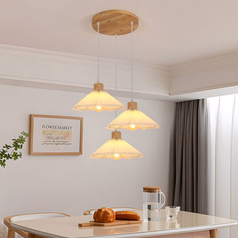 Goeco Modern Pendant Lamp with White Pleated Fabric Shade and Wood Accents – 2