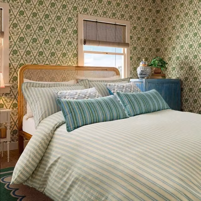 Joules Ticking Stripe Kingsize Cotton Percale Duvet Cover and Pillowcase Set, Blue/Green, W: 180 cm, L: 200 cm
