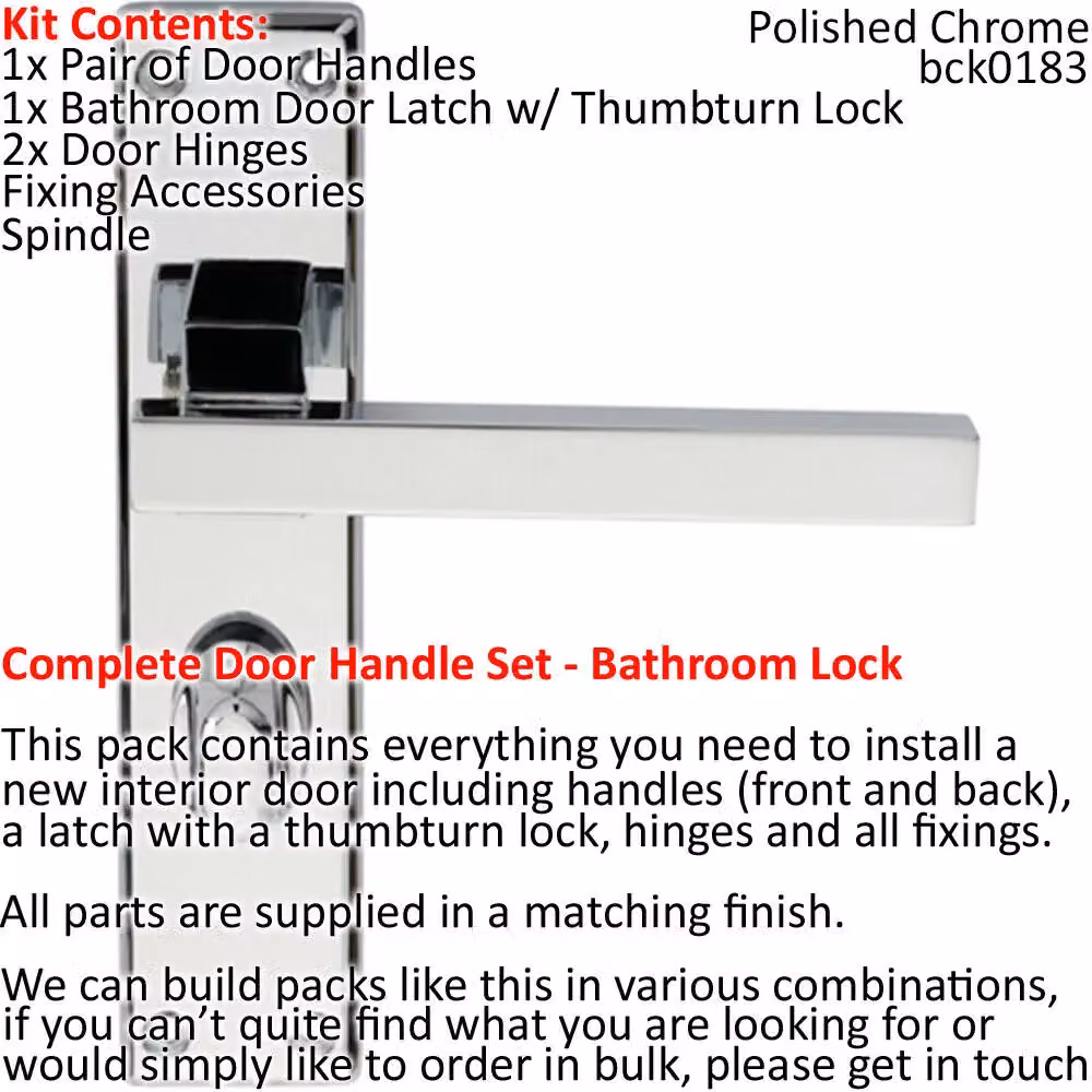 Loops Chrome Straight Square Door Handle and Bathroom Lock Pack with Thumb Turn – 2