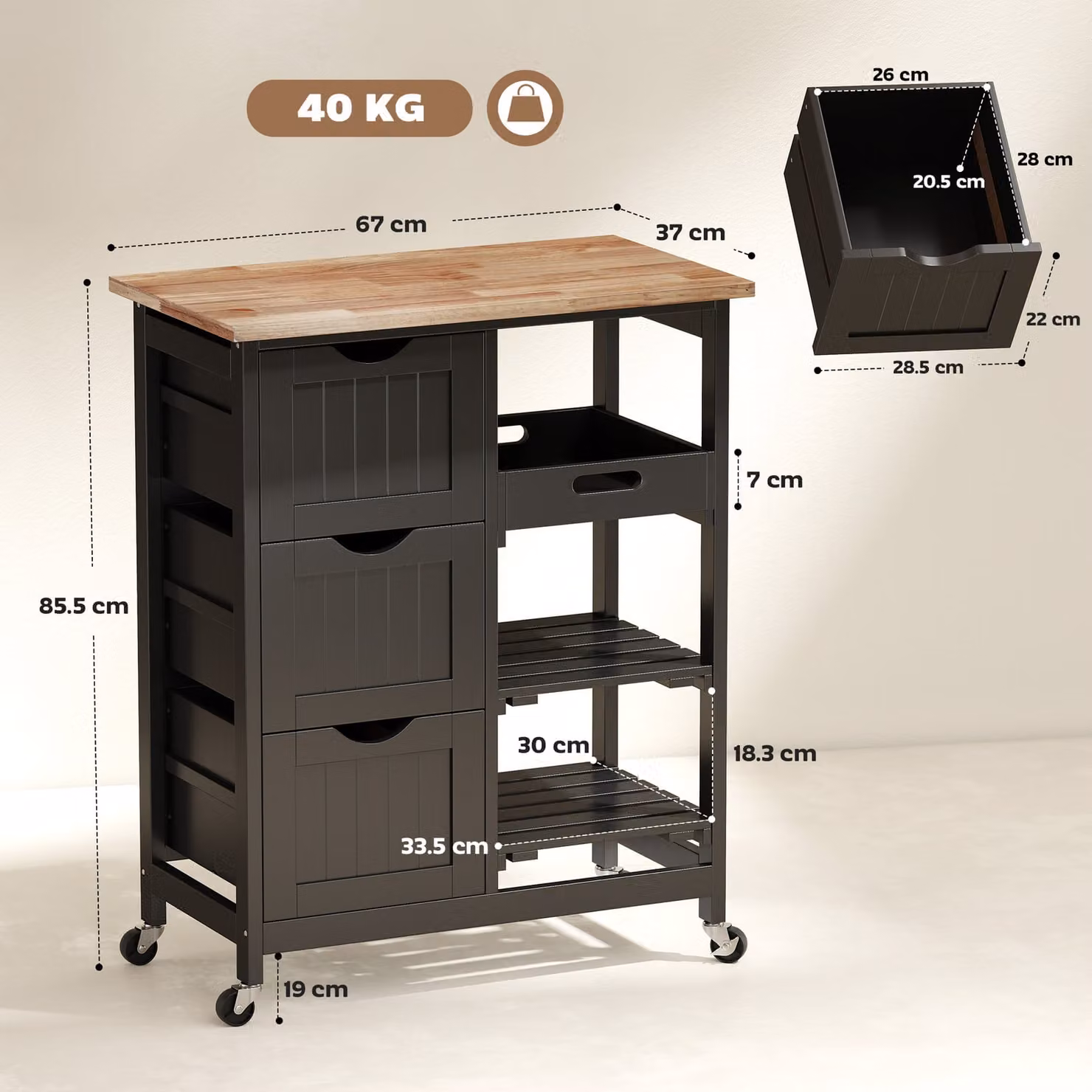 HOMCOM Black Rolling Kitchen Island Cart with Wood Top, Shelves and Drawers – 3