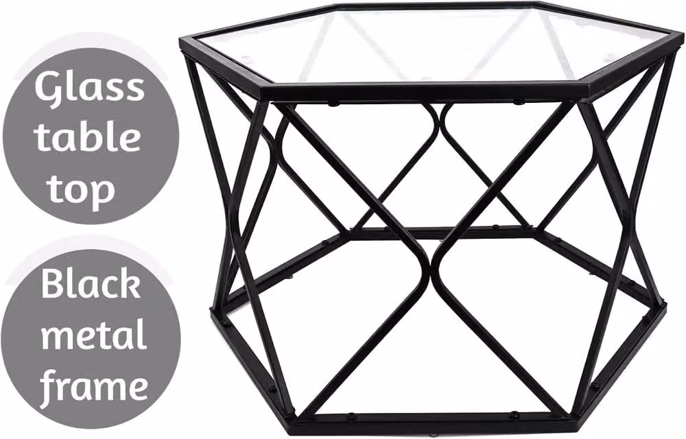 SPOT ON DEALZ Hexagon Glass Coffee Table and Black Side Table, W: 56 cm, D: 40 cm, H: 65 cm – 4
