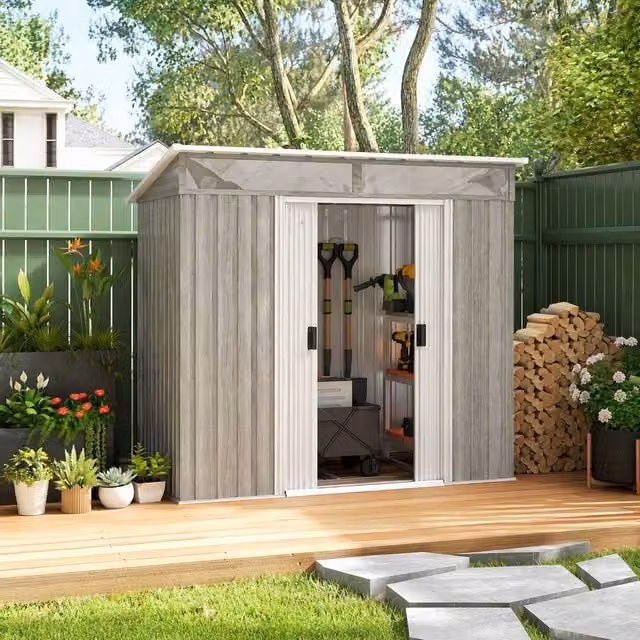 STILVORA Grey Galvanised Steel Garden Shed with Sliding Double Doors, Height: 195 cm – 1