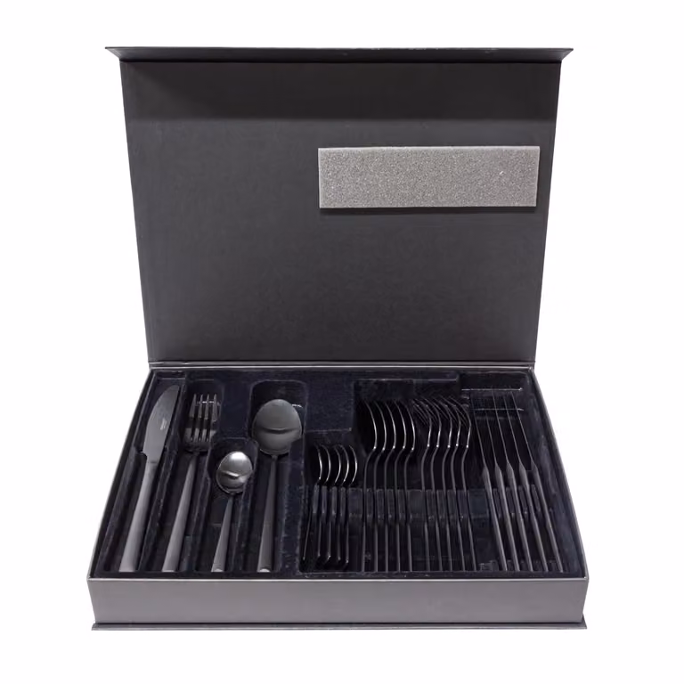 Dome Deco ZENO Matte Black and Brown Metal Cutlery Set with Case for 4 Adults