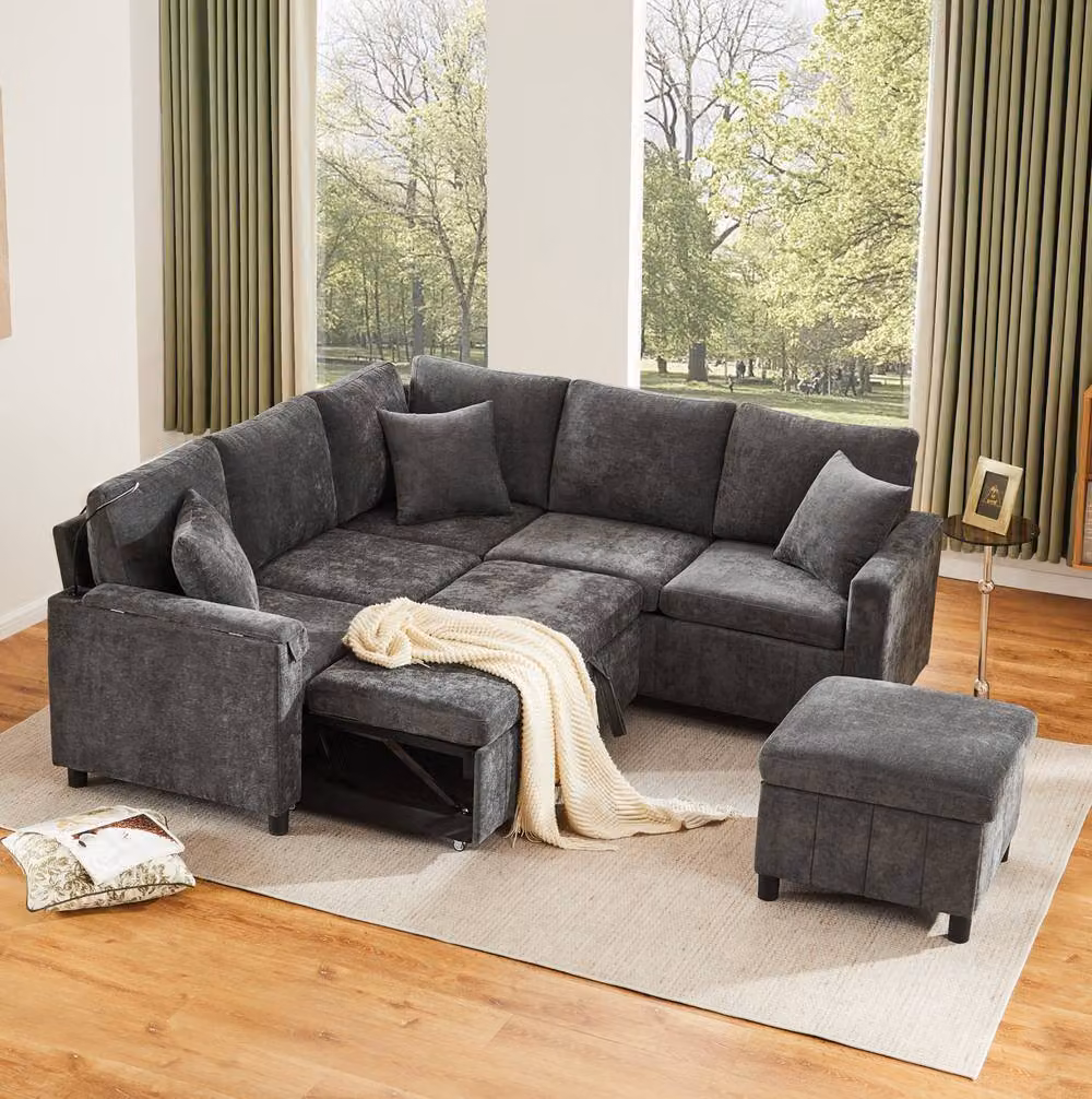 STILVORA Reversible L-Shape Corner Sofa Bed in Grey with USB, Type-C Charging and Matching Storage Ottoman – 2