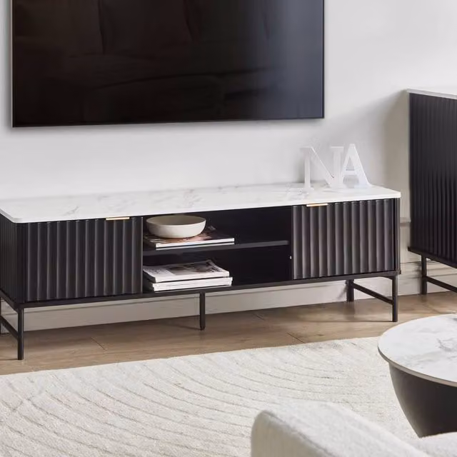 Wyld and Coco Black Marble-Effect TV Stand, W: 140 cm, D: 40 cm, H: 46 cm
