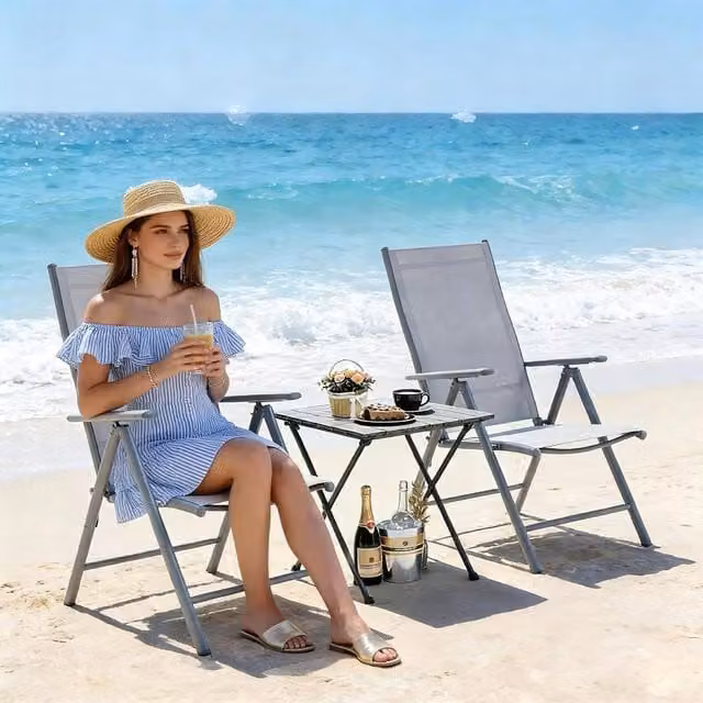 London Boutique 2-Piece Reclining Folding Patio Sun Loungers in Silver and Grey with 8-Position Adjustable Headrests and Armrests