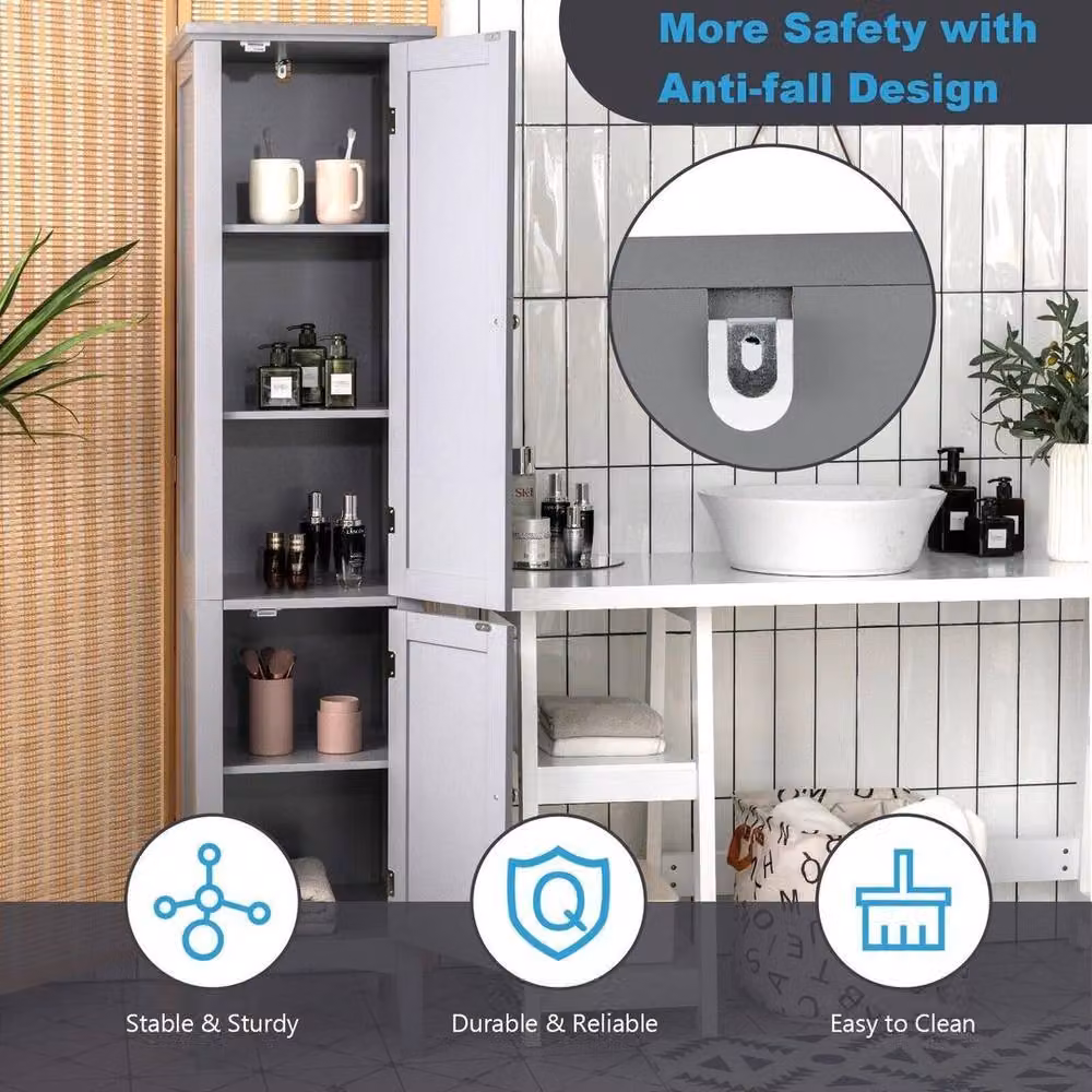 KORVIXA 5-Tier Tall Narrow Bathroom Storage Cabinet in Grey – 4