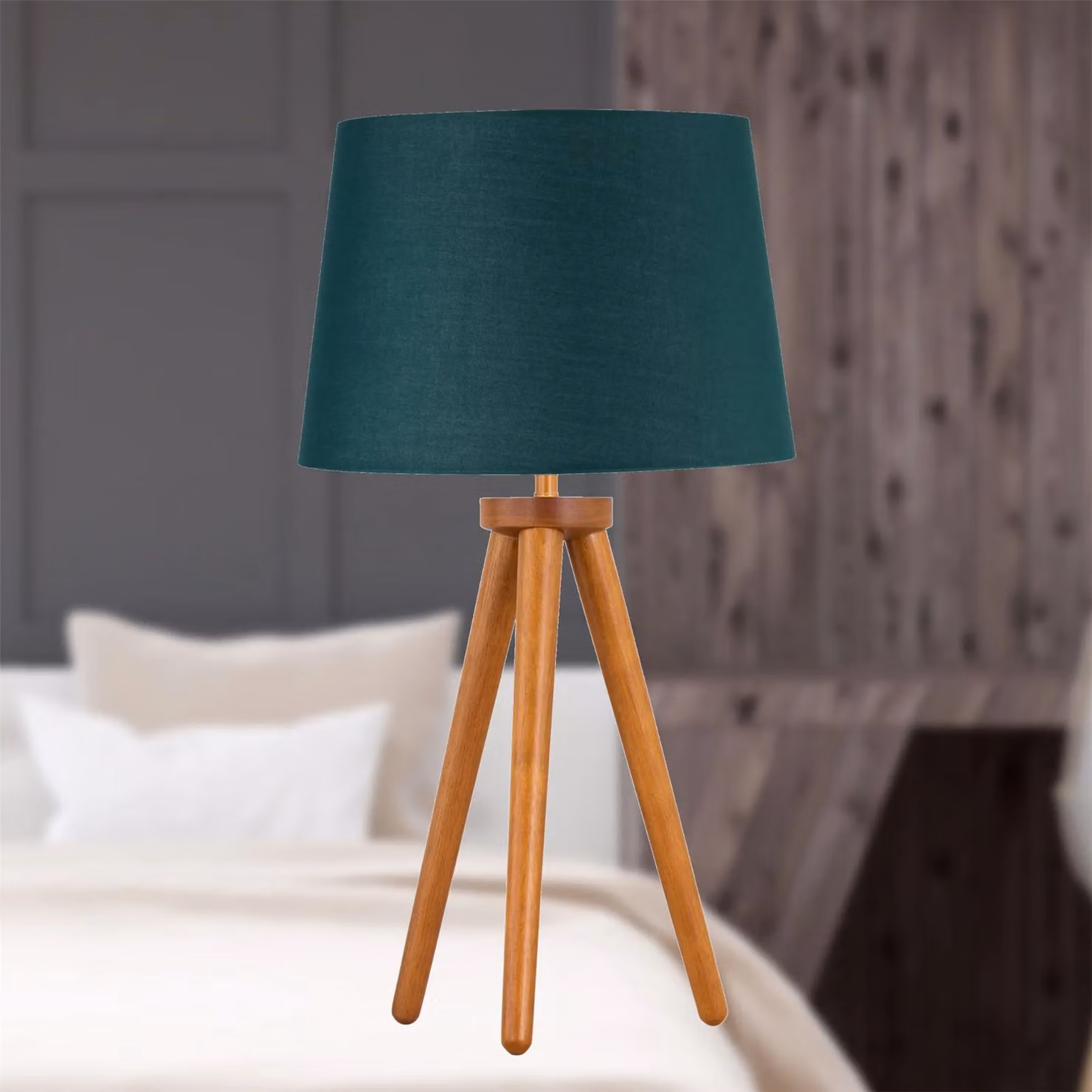First Choice Lighting Set of 2 Dark Oak Table Lamps with Dark Green Fabric Cylinder Shades – 4