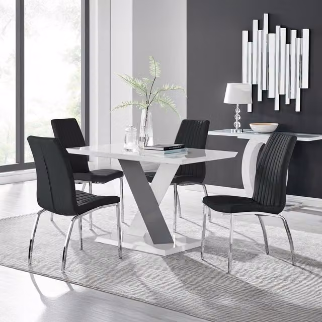 Furniturebox Monza White High Gloss Rectangular Dining Table with 4 Black Isco Chairs