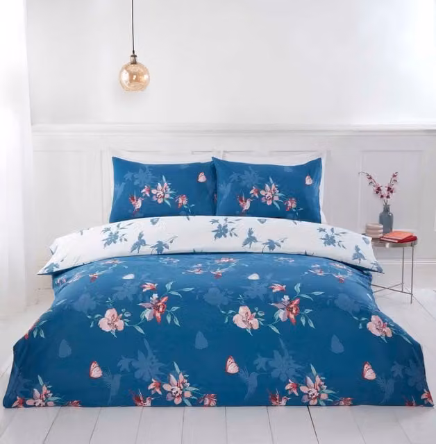 Rapport Home Hummingbird Microfibre Floral Reversible Duvet Cover and Pillowcase Set in Blue and Green, Duvet Cover: 180 x 200 cm, Pillowcase: 50 x 75 cm – 1