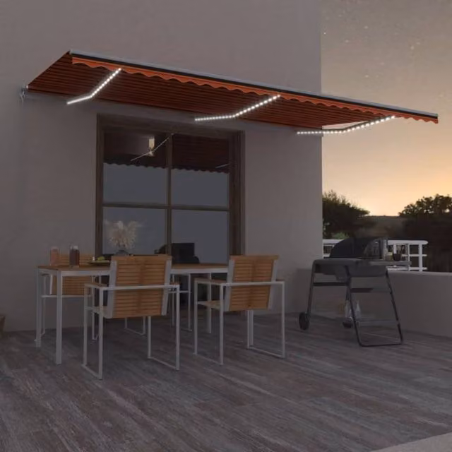 Berkfield Home Manual Retractable Awning with LED, Orange and Brown Striped Polyester Fabric, W: 600 cm, D: 300 cm