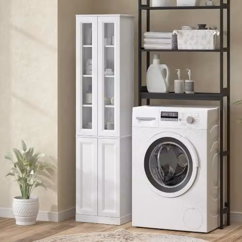 HOMCOM 6-Tier Tall Bathroom Storage Cabinet in White with Soft-Close Hinged Doors, W/D/H: 38 x 26 x 160 cm – 4