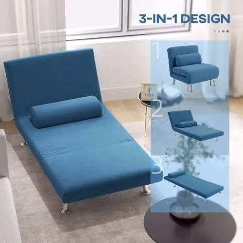HOMCOM 3-in-1 Velvet Single Sofa Chair Bed in Blue with Metal Frame and Armrests – 5