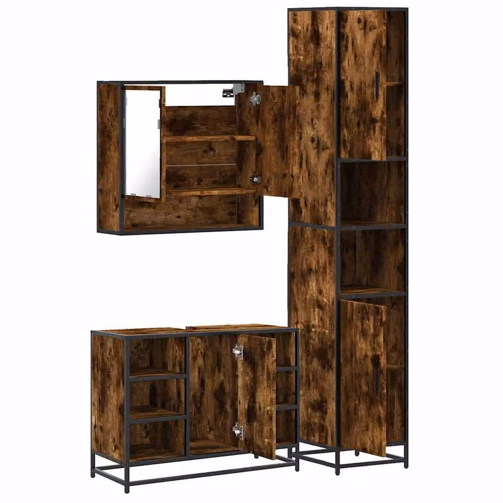 Berkfield Home 3 Piece Industrial Bathroom Furniture Set in Smoked Oak Brown, including Mirror Cabinet, Vanity Unit and Tall Cabinet – 3