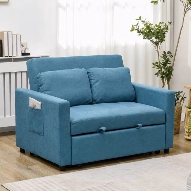 STILVORA 3-in-1 Blue Velvet Loveseat Sofa Bed with Solid Wood Frame and Side Pockets