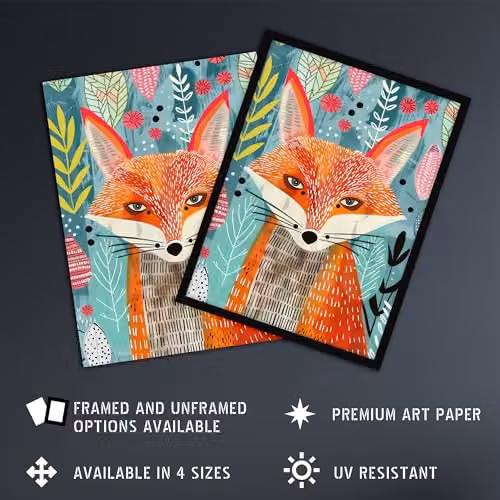 Artery8 Devious Fox in Garden Folk Art Framed Wall Art Print, Multicolour, W: 21.0 cm, H: 29.7 cm – 2