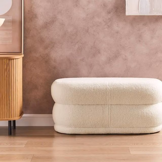 Wyld and Coco Off White Bouclé Upholstered Rectangular Bench and Footrest