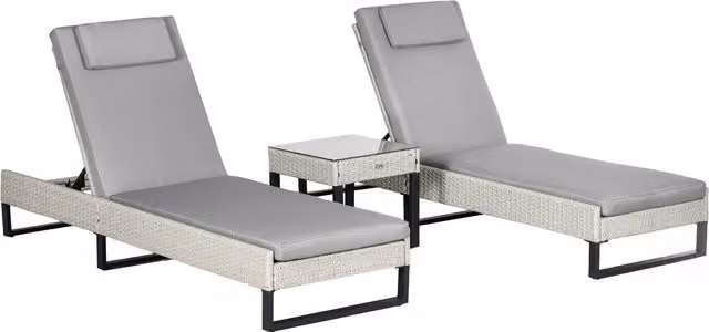 Outsunny 3-piece PE Rattan Sun Lounger Set in Light Grey with Adjustable 5-Position Recliners, Cushions, Headrests and Glass Top Square Coffee Table