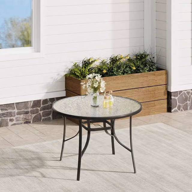 Komore Round Black Glossy Tempered Glass Garden Table