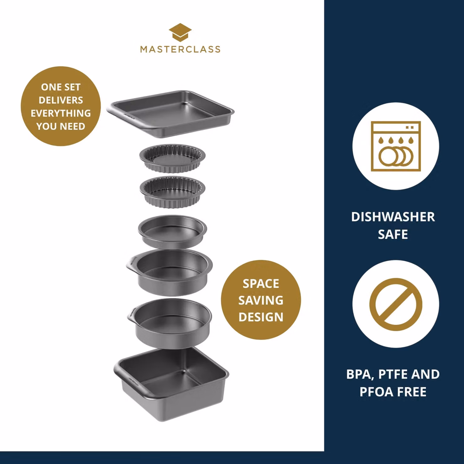 MasterClass 7pc Smart Space Stacking Non Stick Carbon Steel Roasting, Baking and Pastry Tin Set, Black – 4